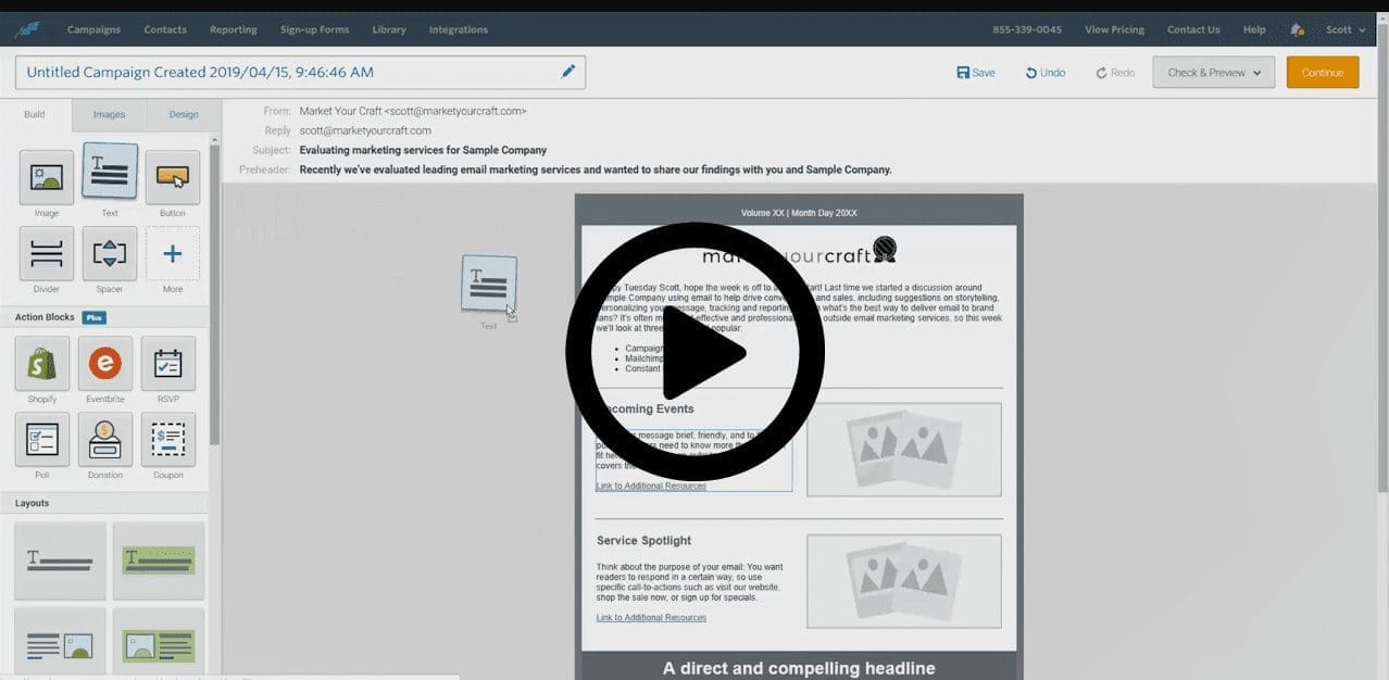 Constant Contact interface for email marketing templates post