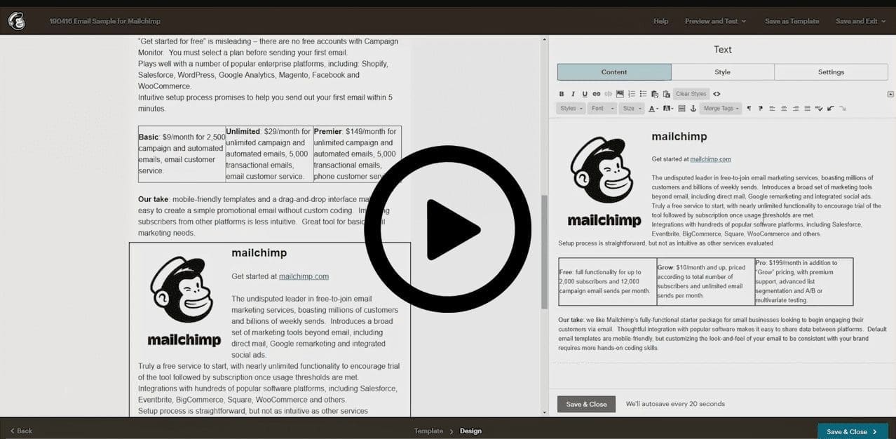 Mailchimp interface for email marketing template post
